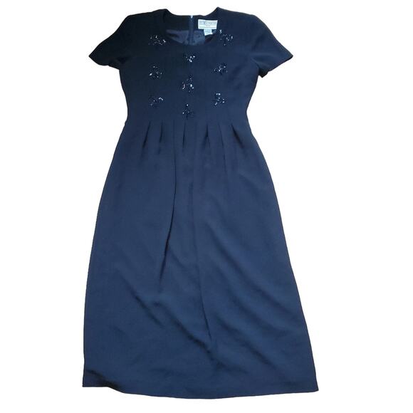 Vintage 80s 90s Short Sleeve A Line Midi Dress Black Bow Gothic Twee Whimsygoth - Picture 2 of 7